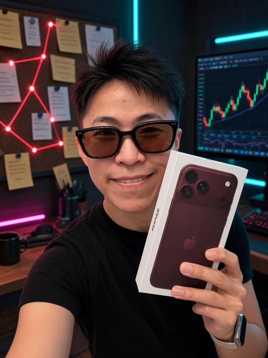 柯男戴著墨鏡、手持 iPhone 18 Pro 盒子,背景是偵探線索板與 K 線螢幕